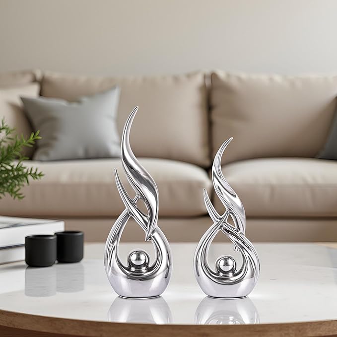 XMGZQ Gold Ceramic Abstract 2 Piece Statue Set,Mid Century Modern Abstract Art Home Decor Statue Mantelpiece on Unique Shelf Decor, TV Cabinet Divider Table top and Dining Table Centerpiece (Silver)