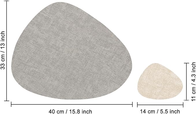 Placemats and Coasters, Washable Placemats Round Faux Leather Wipeable Place Mats Non Slip Heat Resistant Indoor Outdoor Table Mats (Set of 6, Light Gray Cream-White)