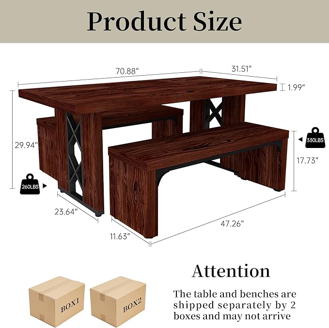 3-Piece Dining Table Set for 6 People, 70.8'' Rectangle Kitchen Table with 2 Benches for Breakfast Nook, Dining Room Furniture(Walnut Table+2 Benches)