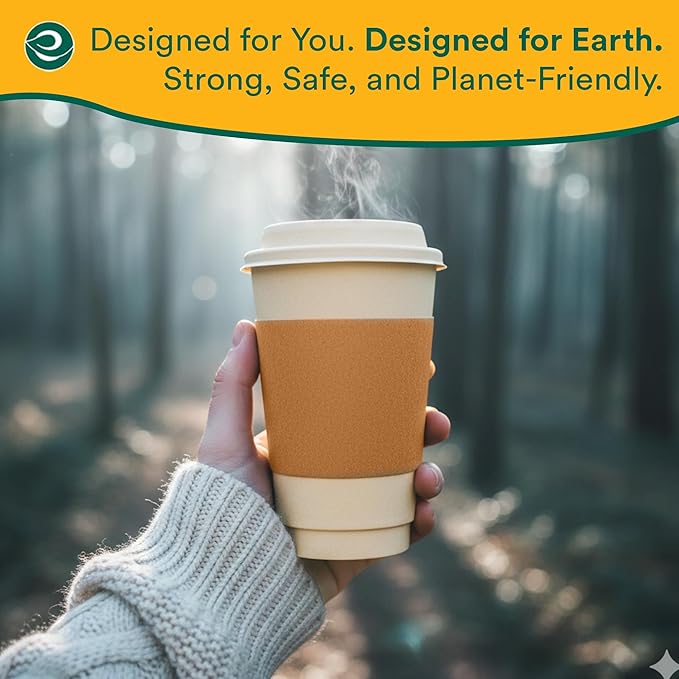 ECO SOUL 25 Pack 16 oz Disposable Coffee Cups with Lids & Sleeves Eco-Friendly, Biodegradable, Compostable, Leak-free & Sturdy To Go Hot Drink Cup for Tea, Chocolate Party Travel Cafe Office & Home