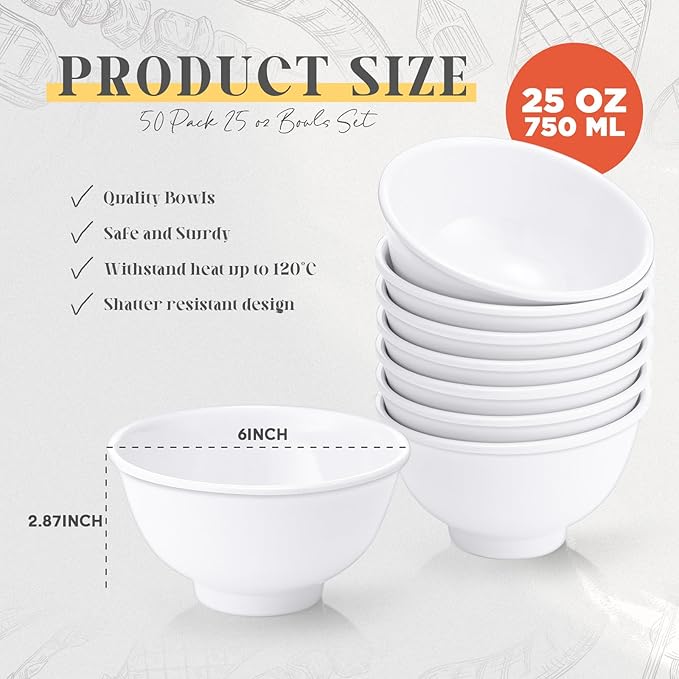 Tioncy 50 Pcs Bowls Set Unbreakable Dessert Soup Salad Bowls for Pasta Cereal Soup Dishwasher Safe (10 oz,White)