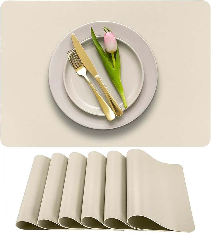 More Décor Faux Leather Placemats Set of 6 for Dining Table – Waterproof, Wipeable, Washable, Stain & Heat Resistant, Non-Slip Table Mats – 12 X 17 Inch, (Solid Ivory, 6)
