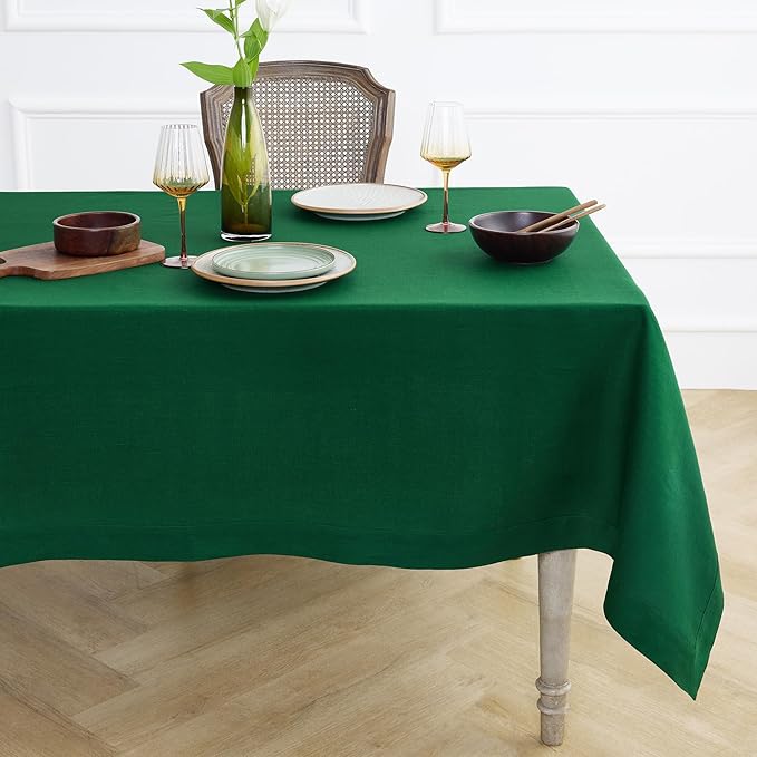 Solino Home Linen Tablecloth for Rectangle Tables 60 x 108 Inch - 100% Pure Linen Christmas Green Table Cloth - Fete, Machine Washable Cloth Tablecloth for St Patricks Day