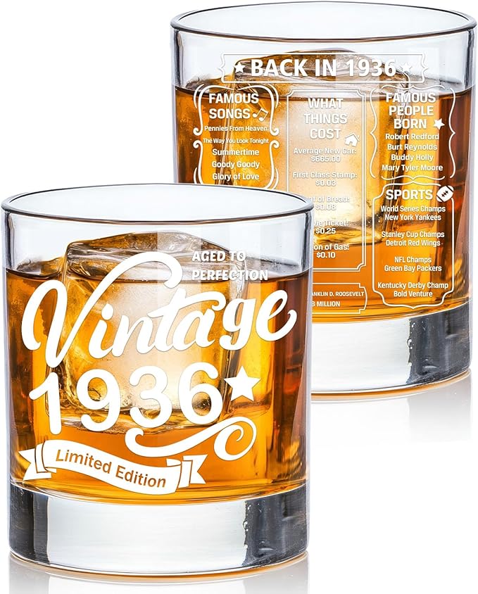 Old Fashioned Glasses-1936-Vintage 1936 old time information 10.25oz Whiskey Rocks Glass -90th Birthday Aged to Perfection - 90 years old gifts Bourbon Scotch Lowball Old Fashioned-1PACK
