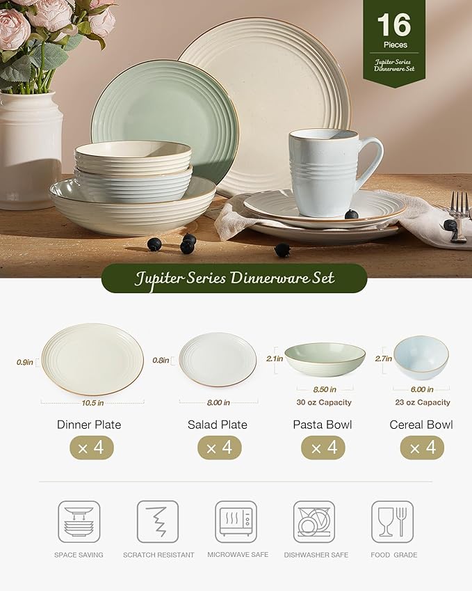 Famiware Jupiter Dinnerware Set with Pasta Bowl, Plates and Double Bowls Dish Sets for 4 (16 Pieces), Microwave and Dishwasher Safe, Chip and Scratch Resistant, Multi-color