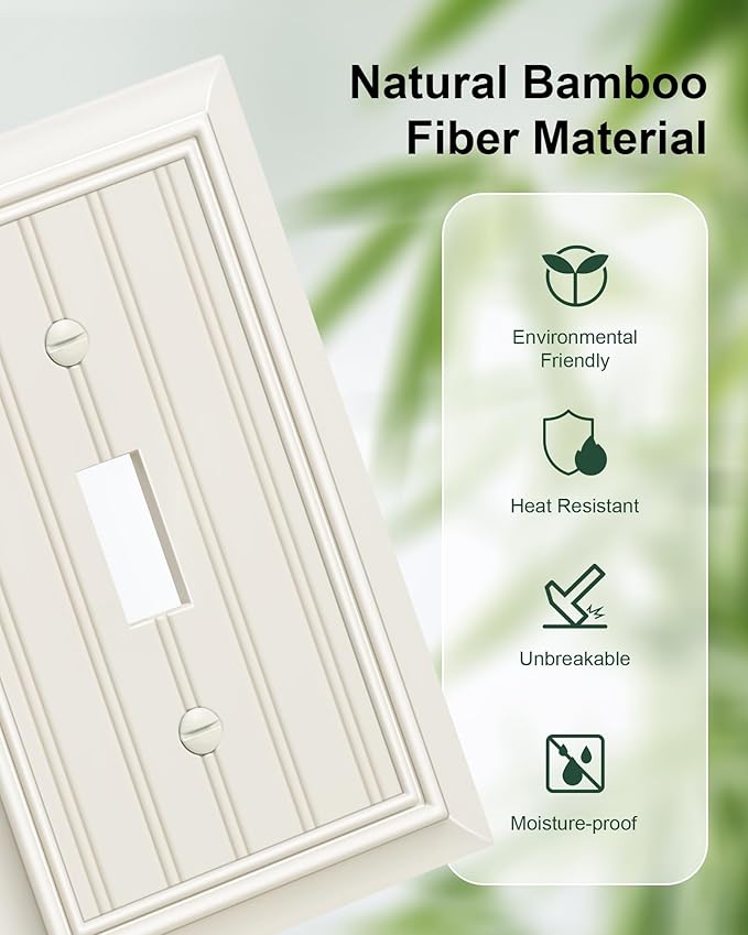 6-Pack Classic Beadboard Single Toggle Light Switch Cover Plate, Durable Natural Bamboo Fiber Decorative Switch Plate Covers, Light Almond 1 Gang Wall Plate