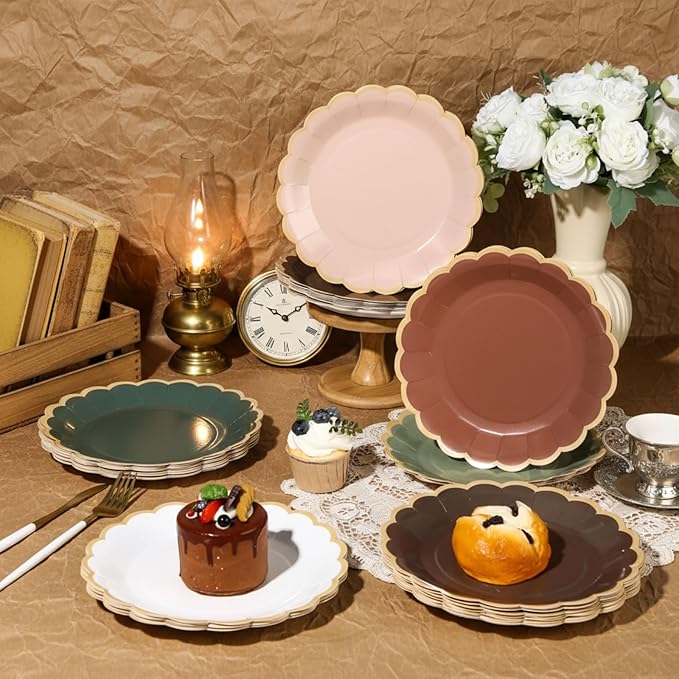 96 Pcs Woodland Green and Brown Paper Plates 9 Inch Gradient Scalloped Paper Disposable Dinner Dessert Plates for Birthday Wedding Bridal Party Supplies, 6 Colors