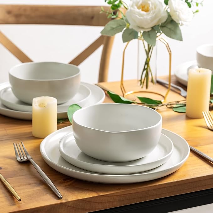 AmorArc Ceramic Dinner Salad Plates Set of 6, Wavy Rim 8.5 Inch Dish Set, The Dessert,Salad, Appetizer, Small Dinner etc Plate,Microwave, Dishwasher Safe, Scratch Resistant - Matte White