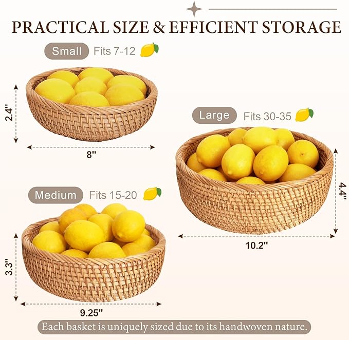 10.2" Large Round Rattan Bread Basket for Fruit, Natural Wicker Fruit Basket for Kitchen Counter, Hand Woven Food Baskets, Bread Baskets for Serving, Fruit, Vegetable, Candy, Nuts, Keys, Wallets, Etc.