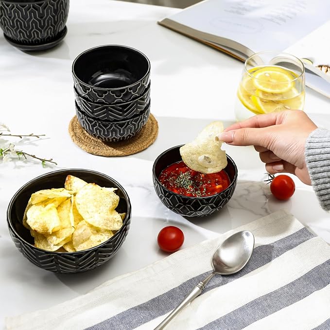 Sureasy Small Bowls 4 OZ, 3.5 Inch Dipping Bowls, Ceramic Embossed Mini Bowl for Side Dishes, Sauces, Appetizer, Housewarming, Set of 4, Black