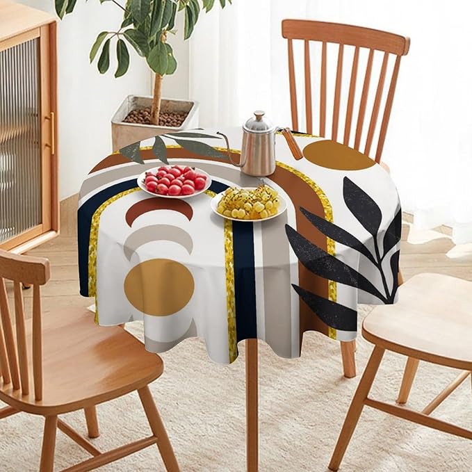 Mid Century Boho Round Tablecloth, Modern Abstract Sun Moon Bohemian Leaves Tablecloth for Home Party Dining Room Kitchen Decor 60Inch(152cm)