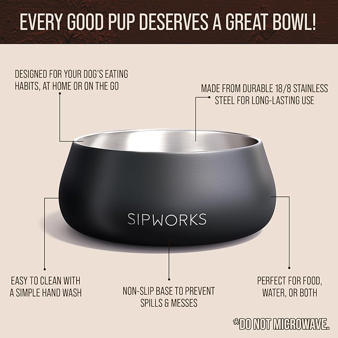 Stainless Steel Dog Bowl – 32oz Weighted Metal Food and Water Bowls for Dogs and Cats with Non-Slip Base - Pet Bowls for All Breeds Sizes for Travel & Outdoor Play - Midnight Black