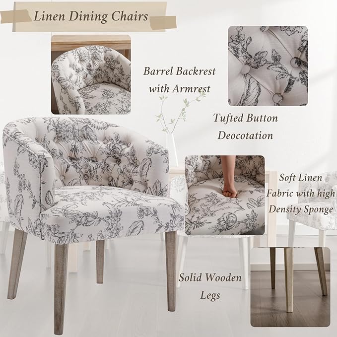 Mid-Century Modern Dining Chairs Set of 6, Tufted Upholstered Linen Dining Room Chairs with Wooden Legs, Floral Pattern
