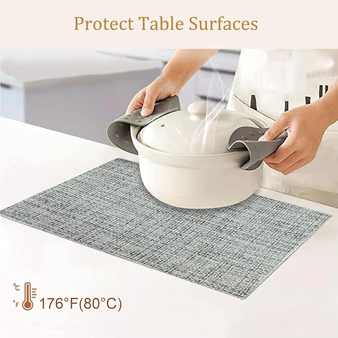 DACHUI Placemats Set of 8, Linen Look Woven Place Mats, Water Resistant, Heat Resistant, Washable, Durable Table Mats (Light Grey)
