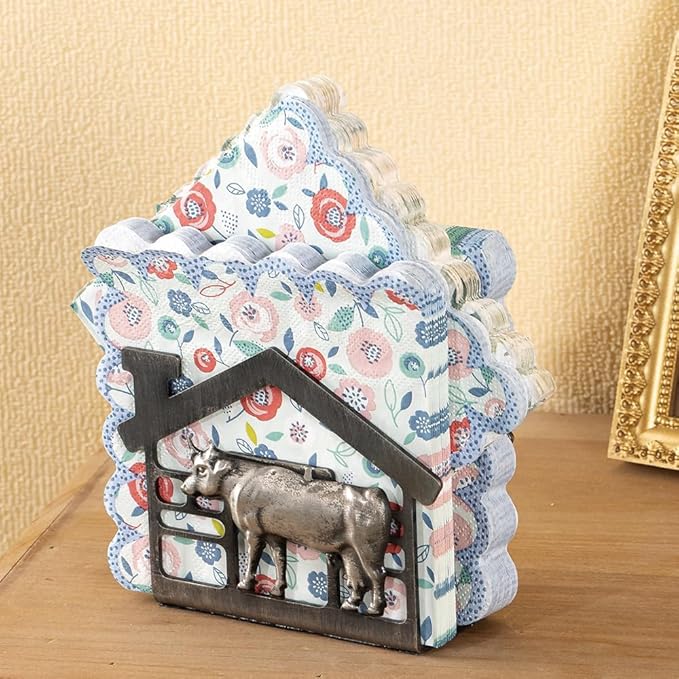 Metal Napkin Holder for Table, Antique Cow Farm Style, Rustic Vertical Tissue Napkins Holder for Paper Napkins (Cow/Black)