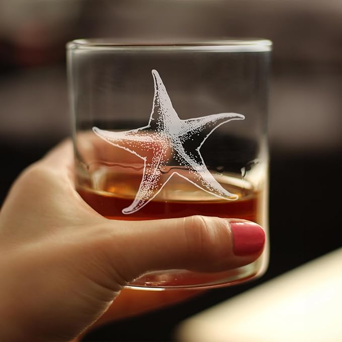 Bevvee Starfish Rocks Glass - Beach Themed Decor and Decorative Ocean Glassware Gifts for Women and Men - Set of 2-10.25 Oz Glasses