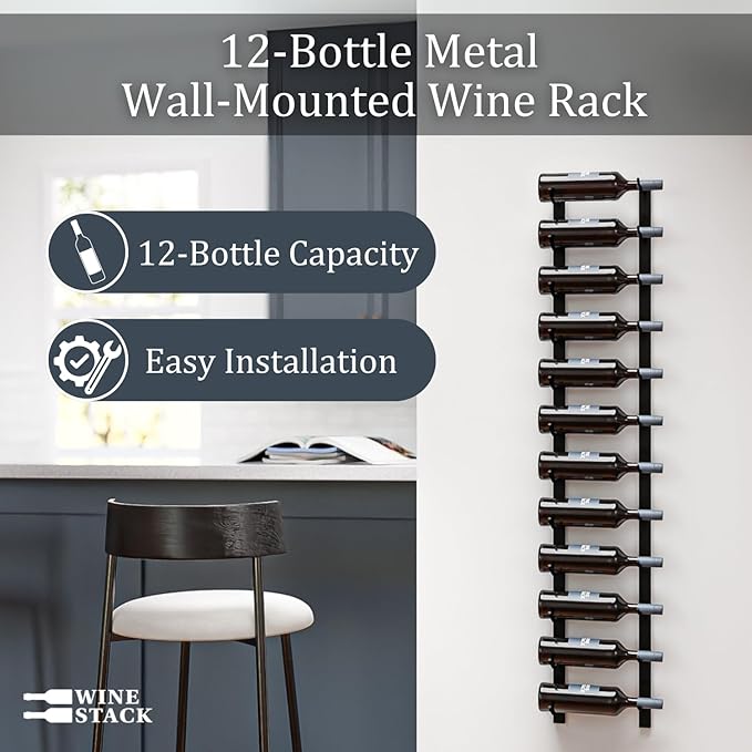 12-Bottle Black Metal Wall Mounted Wine Rack – Modern Industrial Wine Bottle Storage Organizer for Home Bar, Kitchen, Dining Area & Wine Cellar