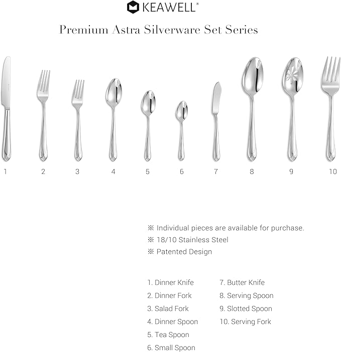 KEAWELL Premium Astra Flatware Set, 45-Piece Silverware Set for 8, Mirror-Finished 18/10 Stainless Steel, Modern Cutlery Dishwasher Safe for Meals and Gatherings (45, Silver)