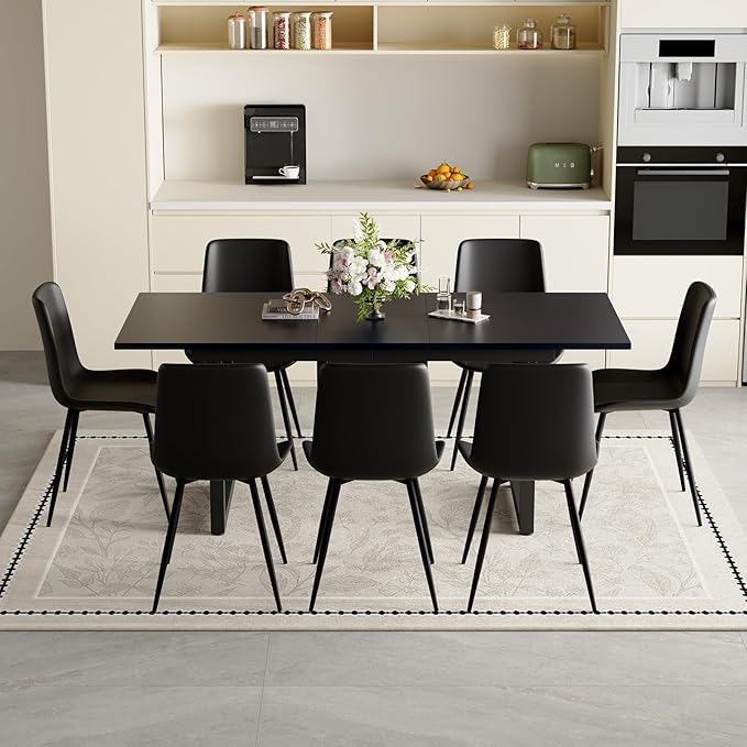 Extendable Dining Table Set for 8, 55"–71" Modern Black Kitchen Table with 8 Upholstered Chairs, Space-Saving for Living Room Apartment, Sturdy & Comfortable, Easy Assembly