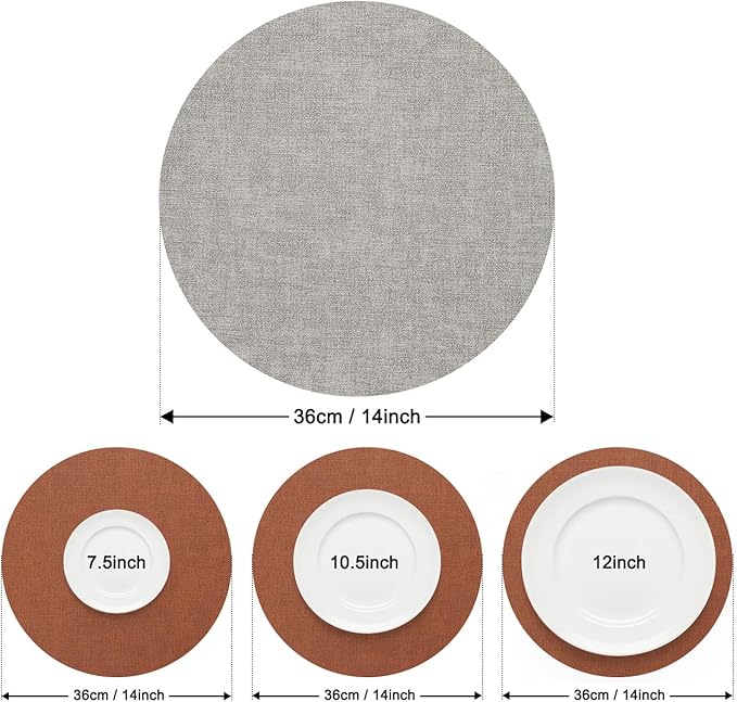 Myir JUN Reversible Vinyl Round Placemats Set of 4, Faux Leather Place Mats Dual Sided Waterproof Wipeable, Heat-Resistant Table Mats for Kitchen Dining Indoor Outdoor (14", Light Gray Reddish Brown)