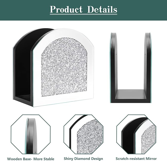 Mirror Napkin Holder with Crushed Diamond, Bling Glass Silver Napkin Holder for Dining Table Kitchen Countertop and Home Décor