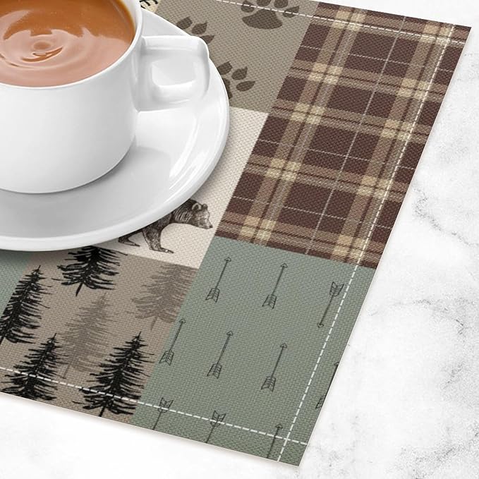 Rustic Bear Deer Placemats Wildlife Moose Forest Animal Cabin Lodge Heat-Resistant Linen Table Place Mats for Dining Kitchen Country Camp Style Farmhouse Decor 12x18 in 6 PCS, Countryside-6