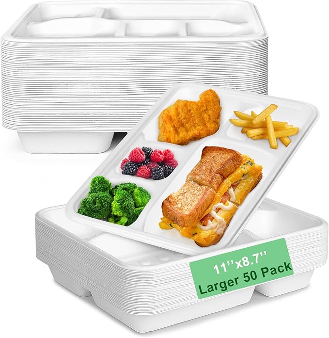 Compostable 5 Compartment Paper Plates Disposable, 11 * 8.6 inch, [50-Pack] Heavy Duty Plates with Deep Dividers, Sturdy School Lunch Trays, White Large Paper Dinner Plates for Buffet Party