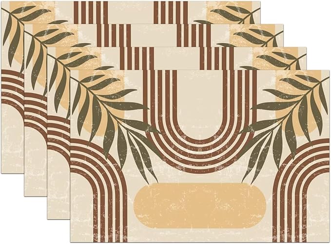 Mid Century Boho Arch Placemats Abstract Geometric Modern Aesthetic Rainbow Leaves Sun Washable Place Mats 12x18Inch for Dining Kitchen Farmhouse Decor 4 PCS
