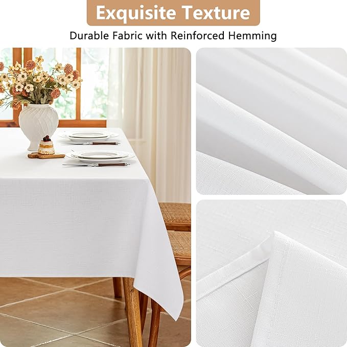 Textured White Fabric Table Cloth Rectangle 60 x 120 Inch Stain Resistant & Reusable Faux Linen Rectangular Tablecloth Easy Clean for Dining Banquet Wedding