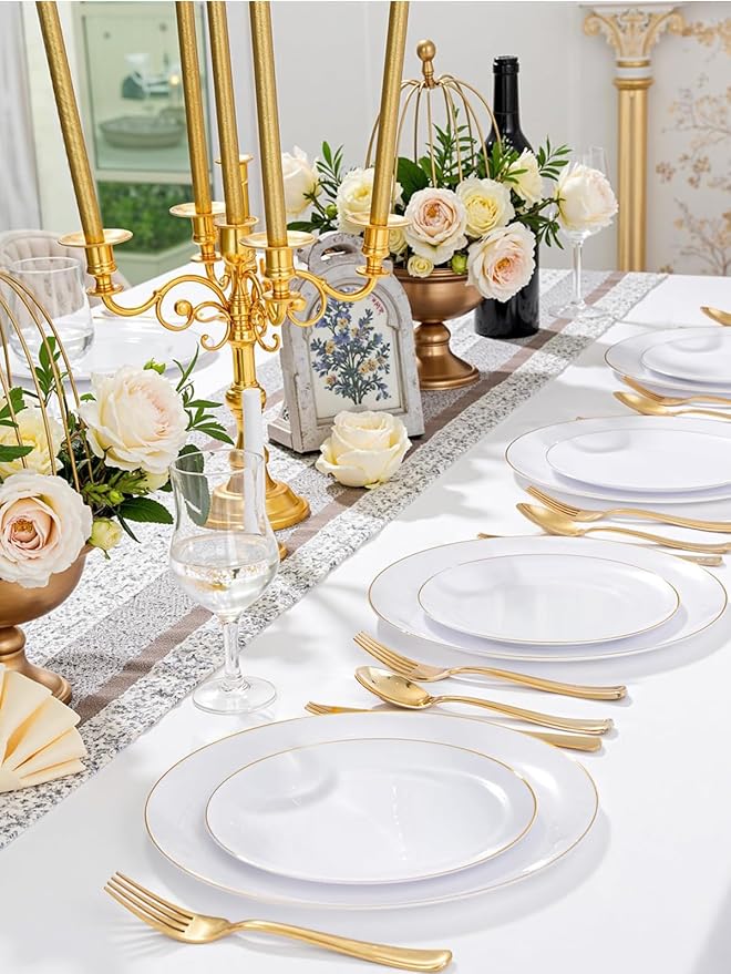 WDF 150Pcs White and Gold Plastic Plates - Gold Plates Disposable - 25guest Disposable Dinnerware Include 25 Dinner Plate, 25 Dessert Plate, 25 Cutlery & 25 9oz Cups for Wedding Party Valentine's Day