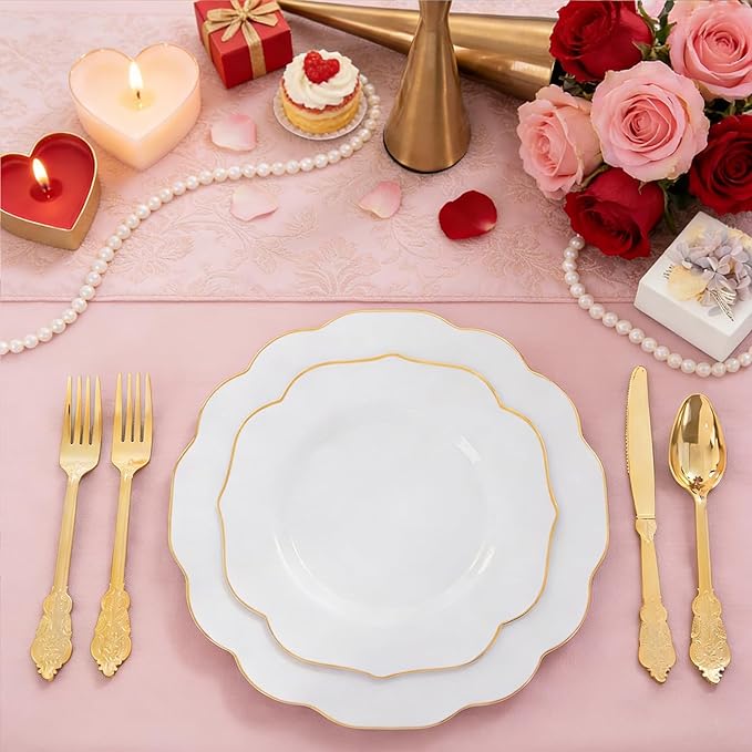 NOCCUR 120PCS White and Gold Plastic Plates - 10.25inch and 7.5inch Gold Disposable Plates Set Heavy Duty for Party/Wedding/Valentine's Day