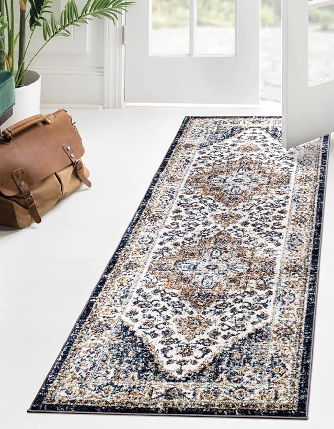 Keen Home Design Area Rugs - Non-Shedding, Thick Pile Abstract Rugs for Kitchen, Living Room, Bedroom, Dining Room, Entryway (Mamluk Blue/Cream/Beige, 2'8" x 9'11")