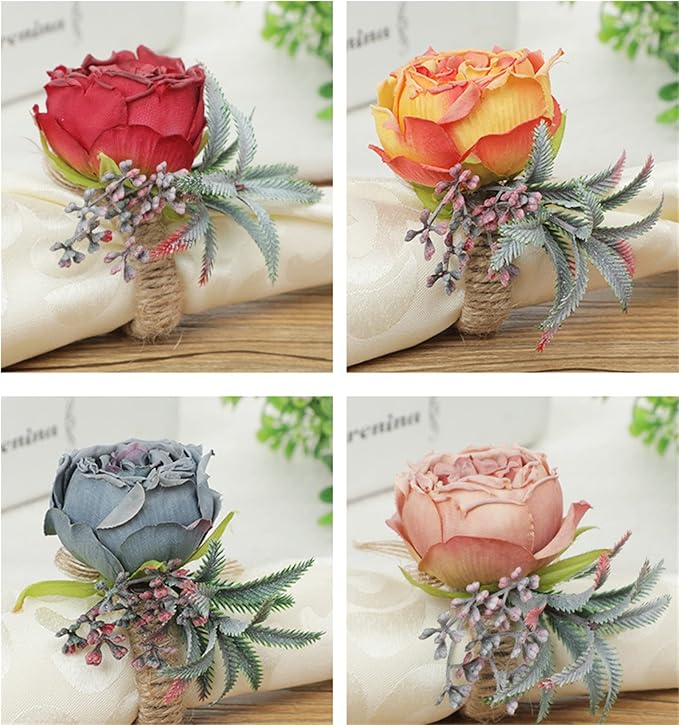 Floral Napkin Rings Set of 6,Rustic Rose Napkin Rings Flower Dinner Napkin Holder for Table Decoration(26#RED)