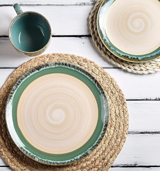 Bosmarlin Stoneware Dinner Plates, 10.5 inches, Set of 4 for Salad, Pasta, Dessert, Microwave and Dishwasher Safe (Green, 10.5 in)