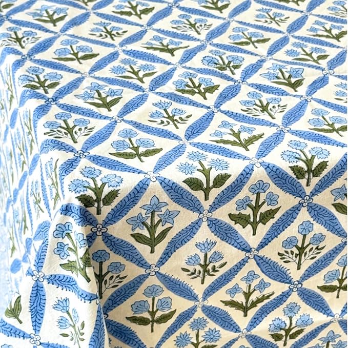 ATOSII Netta Blue 100% Cotton Round Fall Tablecloth, Handblock Print Floral Table Cloth for Kitchen Dining Linen I Outdoors, Christmas, Thanksgiving, Grandmillennial Home Decor 60" Inches Round