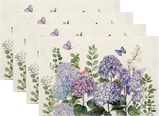 Spring Placemats 12x18 Inches Set of 4,Blue Violet Hydrangea Floral Decorative Rectangle Summer Seasonal Flower Decoration Table Mats for Party, Home Kitchen,Dining Table Decor