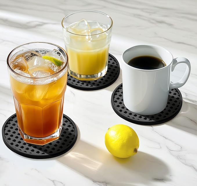 Coasters for Drinks, Silicone Coasters Set of 8 with Metal Holder, Outdoor Coaster for Coffee Table, Non-Slip Rubber Table Cup Mat Desk, Heat Resistant & Scratch-Proof (Black)