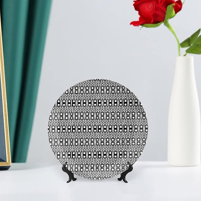 Ceramic Display Plate, Abstract Ceramic Hanging Decorative Plate, Monochrome Squares of Motif Grid Design Geometric, 10 Inch, Living Room Kitchen Decoration Household, Black White