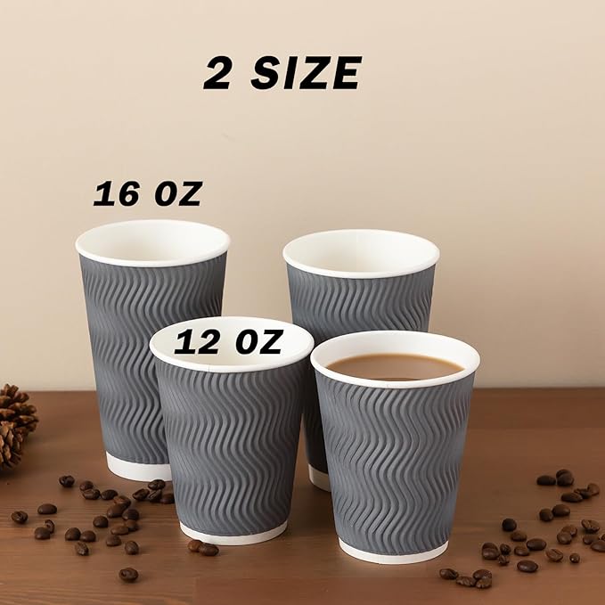 Coffee Cups 12 oz 120 Pack, Corrugated Insulated Ripple Wall Disposable Paper Coffee Cups 12oz, To Go for Hot Beverage or Cold Drinks Office/Home/Cafe/Party/Travel (Gray) | Corrugated, Insulated, Ripple Wall, Disposable, 12oz, To Go