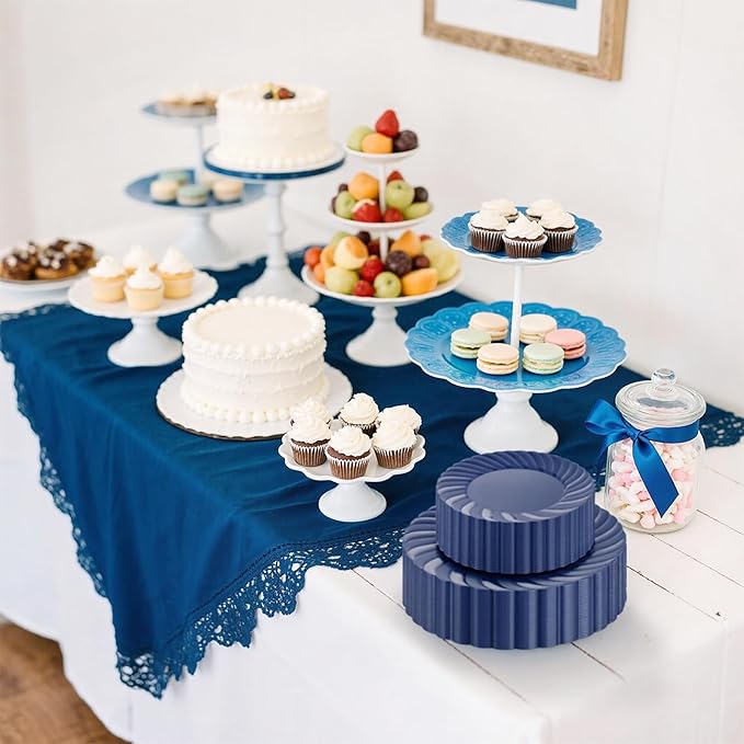 U-QE 60 Pcs Blue Plastic Plates for Party – Scalloped Blue Plates Disposable Heavy Duty – Include 30 10.25" Dinner & 30 7.25" Dessert Plate - Perfect for Parties, Weddings