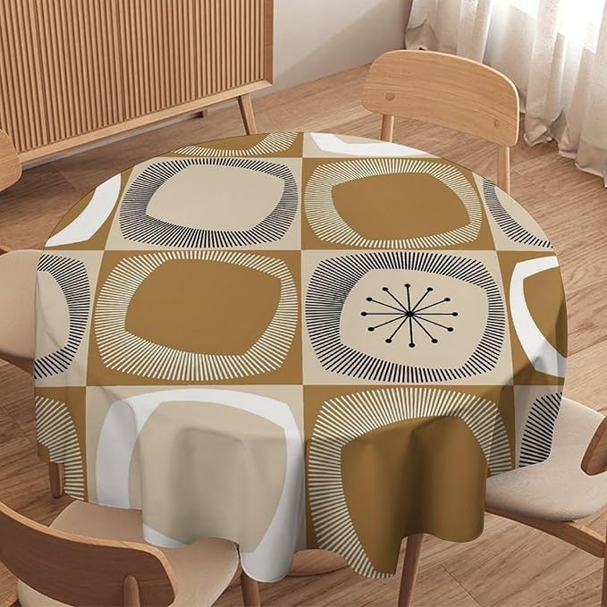 Mid Century Round Tablecloth, Retro Geometric Colorful Squares Abstract Boho Vintage 50s 60s Tablecloth for Home Party Dining Room Kitchen Decor 60Inch(152cm)