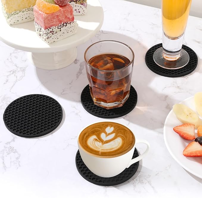 Coasters Set of 6 with Holder,Coasters for Drinks,Coffee Table Decor Coaster,Suitable for Kinds Cups,Anti-Slip,Non-Stick,Silicone Cup Coaster and Living Room Decor (6 Pcs, Black)