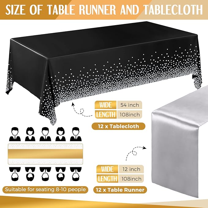 Breling 24 Packs Black and Silver Disposable Plastic Tablecloths and Satin Table Runner Set, 54 x 108 Inch Tablecloth, 12 x 108 Inch Table Runners for Wedding Graduation Birthday Baby Shower