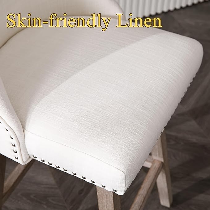 27.5" Counter Height Bar Stools Set of 3, Linen Fabric Mid Century Modern Swivel Barstools with Back & Wood Legs Comfy Upholstered Counter Chairs for Home Bar/Dining Room/Restaurant, Cream