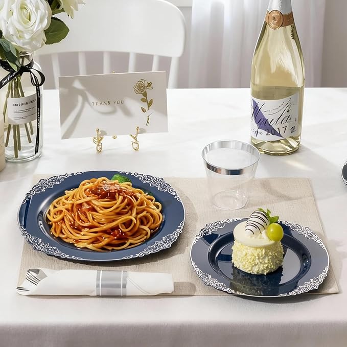 350PCS Navy Blue Plates for 50 Guests, Disposable Dinnerware Sets Include 100 Plastic Plates, 50 Silverwares, 50 Cups, and 50 Pre Rolled Napkins for Party, Wedding and Graduation