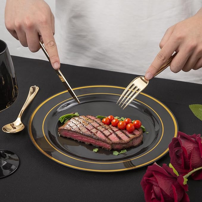FLOWERCAT 100PCS Black and Gold Plates - Heavy Duty Black Plates Disposable for Halloween Party/New Year/Birthday- Include 50PCS 10.25inch Dinner Plates - 50PCS 7.5inch Dessert Plates