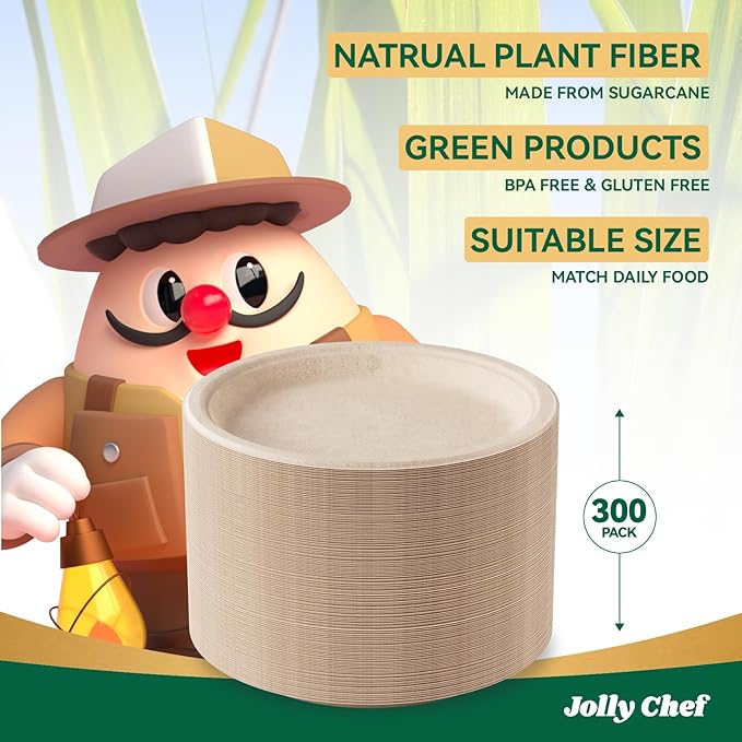 JOLLY CHEF Compostable Heavy Duty Plates 9 Inch [300 Pack] Eco-Friendly Disposable Natural Paper Plates Bagasse Biodegradable Sugarcane Bulk for Party Dinner Lunch Hot Cold Food Christmas (Brown)