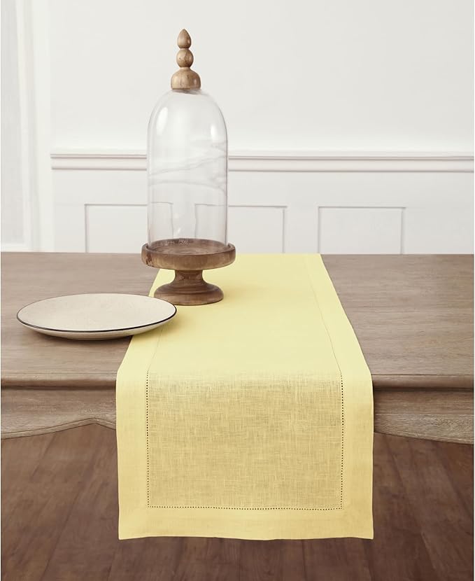 Solino Home Linen Yellow Table Runner 156 Inches Long - 100% Pure Linen Extra Long Table Runner 14 x 156 Inch for Valentines, Spring, Easter - Classic Hemstitch