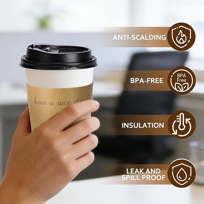 50 Pack 16 oz Disposable Coffee Cups with Lids, Paper Hot Coffee Cups with Sleeve and Straw, To Go Cups for Home, Office, and Party (White 16oz)