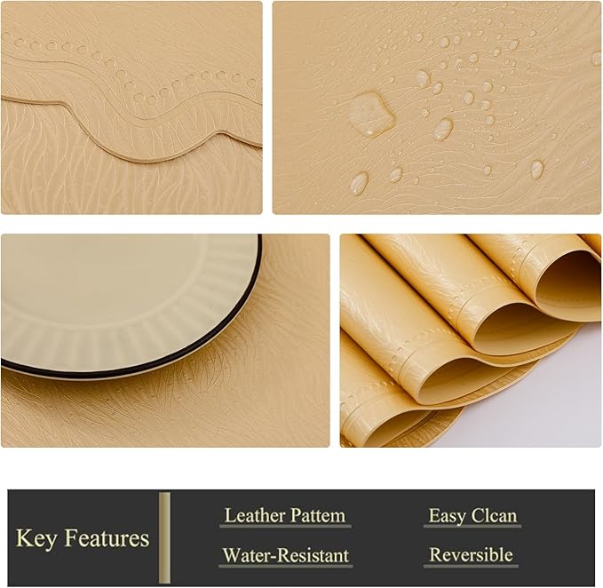 XINYUN Gold Placemats Set of 6 for Dining Table Thin Faux Leather Placemat Lightweight Wipeable Non Slip Anti Oil Place Mat Washable Decorate Easy Storage Eco-Friendly Table Mats Patio Placemats